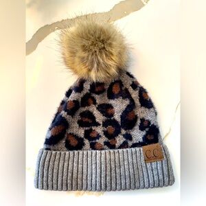 C.C Leopard Print Beanie with Pom Pom